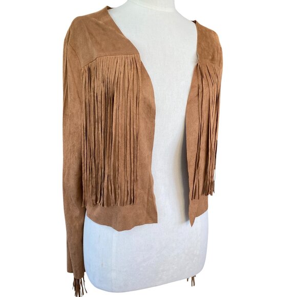 Vocal Faux Suede Western Fringe Jacket Camel Cowgirl Hippie Boho Festival-XL - Picture 1 of 12